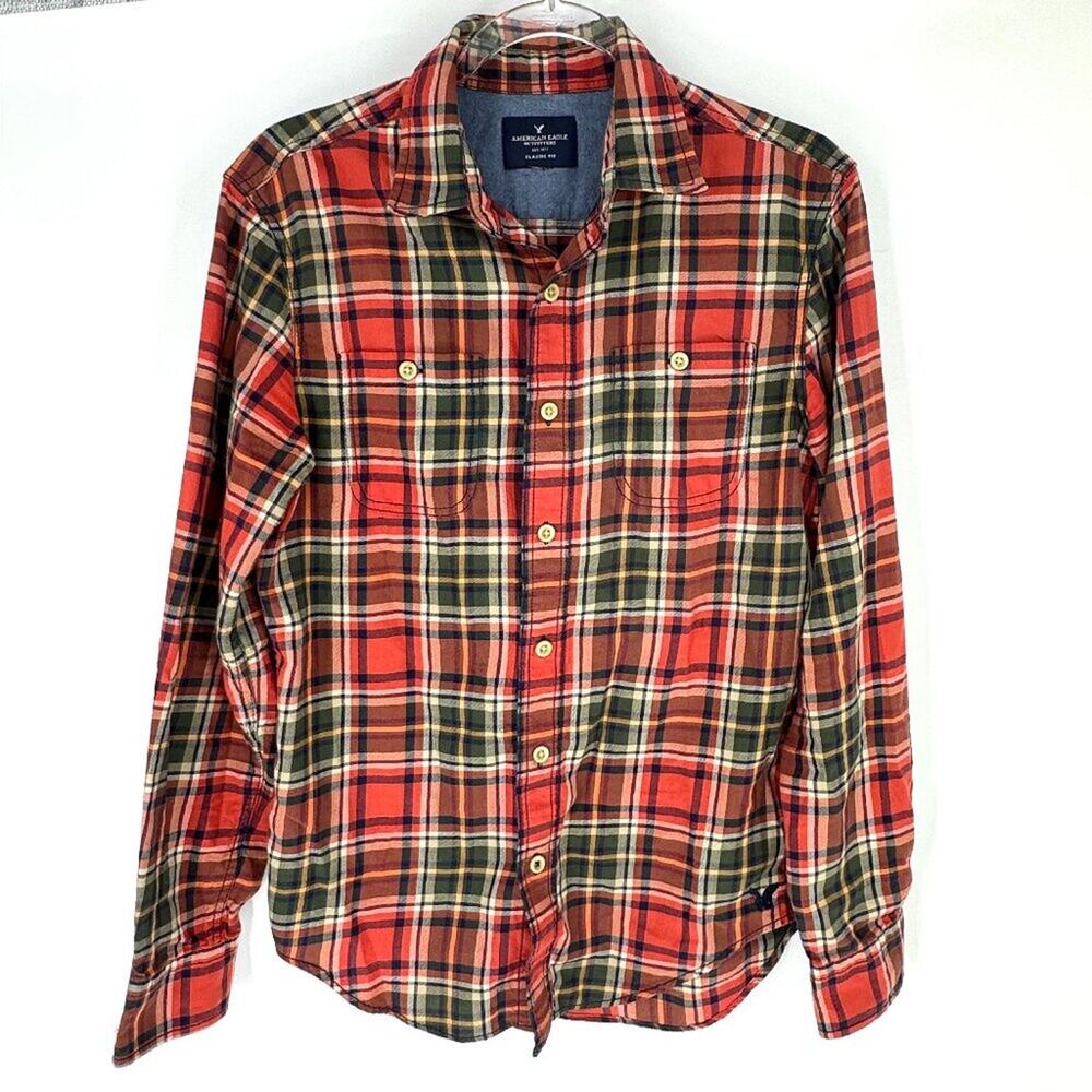 American Eagle Lightweight Cotton Plaid Long Sleeve Camp Shirt Red Green Brown M